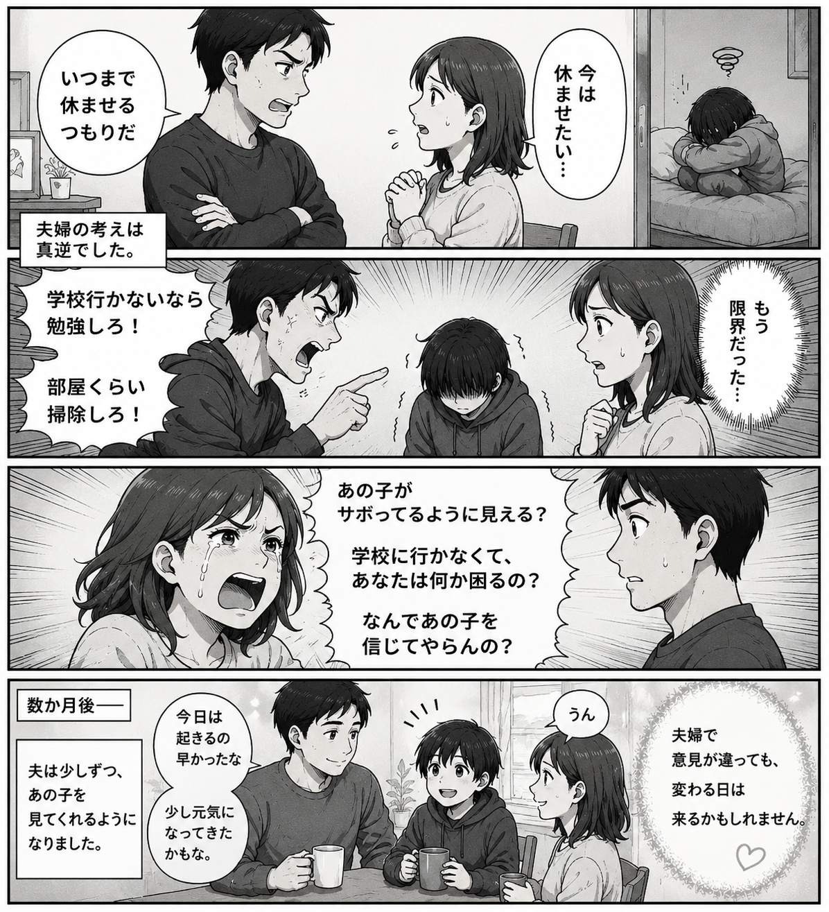 家族の対立から変化を描く４コマ漫画の制作事例
