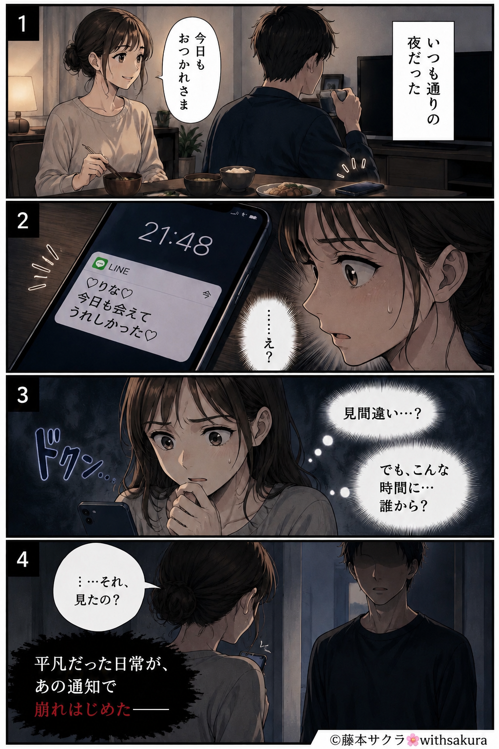 夜の通知から物語が動き出す４コマ漫画の制作事例